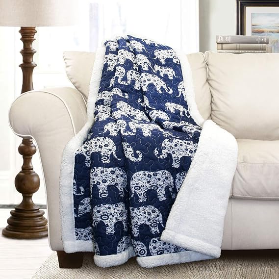 Lush Decor Navy Elephant Parade Throw Fuzzy Reversible Sherpa Blanket 60 x 50 White