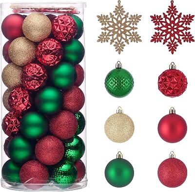 Valery Madelyn Christmas Tree Decorations Ornament Set, 50ct 2.36 Inches Red Green and Gold Shatterproof Christmas Ball Ornaments Hanging Xmas Holiday Party Decor