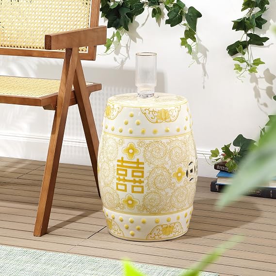 Eyely LBT1013B Double Happiness 18" Chinoiserie Ceramic Drum Garden Stool, Yellow/White