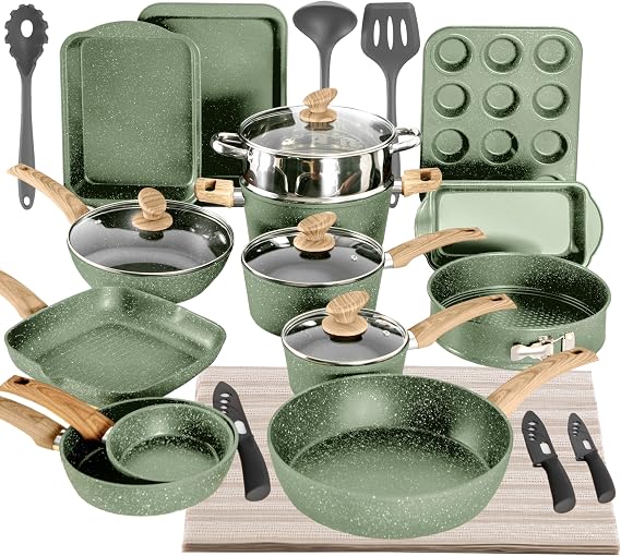 Kitchen Academy NonStick Bakeware and Cookware Set, 30 Pieces Green | Non-Stick Pots and Pans Set, Induction Pan Set, Granite Non-Stick Saucepan Set for Induction Hobs, Gas, Microwaves