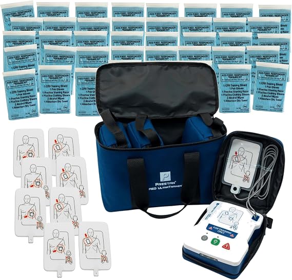 PRESTAN AED UltraTrainer 4-Pack & 40 CPR Training Kits | Develop group response skills with voice-guided AED practice, extra pads, and prep supplies for classroom training.