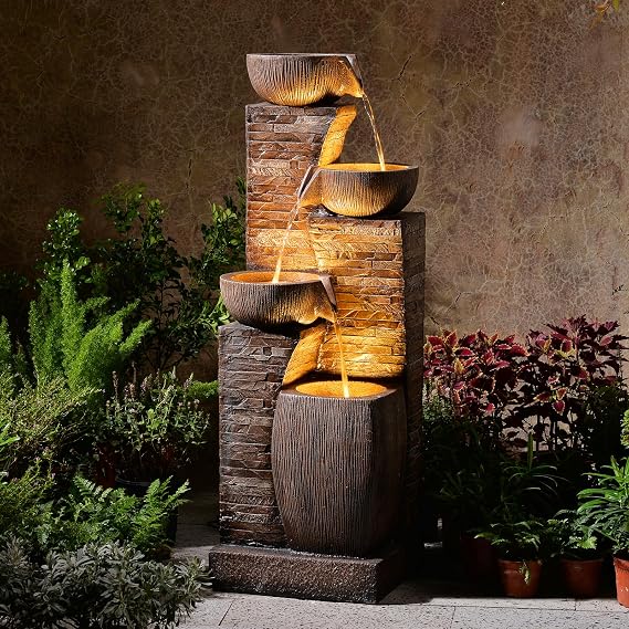 38.2" Tall Outdoor Water Fountain,Stone Texture Modern 4 Tiers Fountains