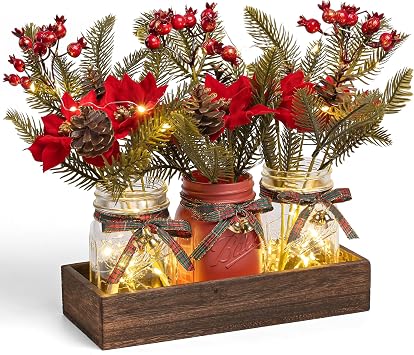 3 Pcs Mason Jar Centerpiece Decorations for Christmas Table Decor Farmhouse Coffee Table Decor Christmas Kitchen and Room Decor,Red