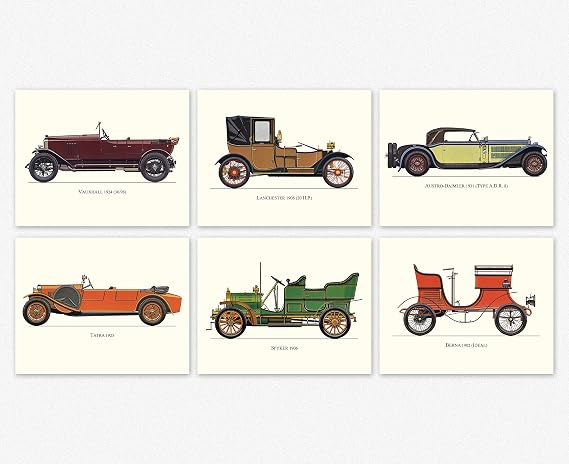 Vintage Car Prints Set of 6 Classic Car Art 8x10 inches - Unframed