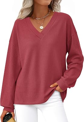 MASCOMODA Womens Tops Casual V Neck Waffle Knit Long Sleeve Shirts Trendy Loose Tunic Pullover Work Blouses Fall OutfitsRed,XX-Large