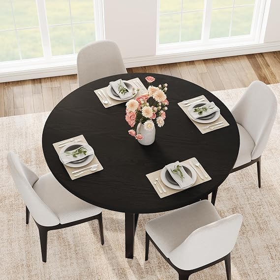 IDEALHOUSE 47" Round Dining Table for 4, Kitchen Dining Room Table with Sturdy Metal Frame, Wood Circle Kitchen Table for Space Saving -Black (No Chairs)