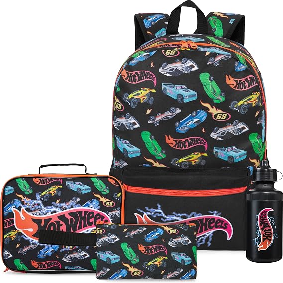 Get Trend Hot Wheels Boys Backpack 4 Piece Set | 18 In Bookbag with Insulated Lunch Bag, Pencil Case & BPA-Free Water Bottle, Adjustable Padded Straps, Gamer Gifts for Boys