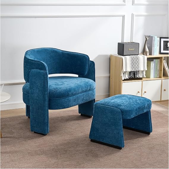 adochr Fabric Oversized Accent Chair with Ottoman, Upholstered Living Room Chair with Back & 3 Legs, Modern Comfy Armchair for Bedroom, Reading Room, Blue
