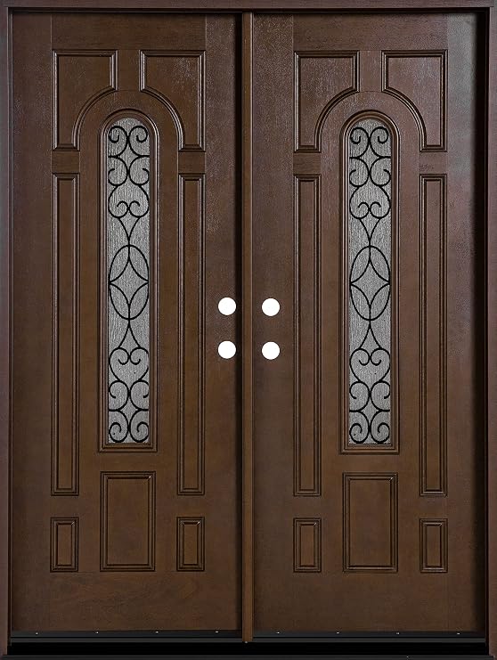 Exterior Fiberglass Door with Arched Glass with Iron Pre-Hung Pre-Finished Double Entry Door 280W- Lefthand Swing 36x80