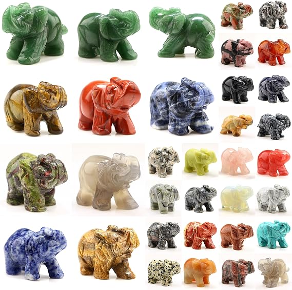 Mix 12pcs Elephant Gemstone Figurines Hand Carved Pocket Statue Healing Crystals Good Luck for Home Decor 1.5 inches