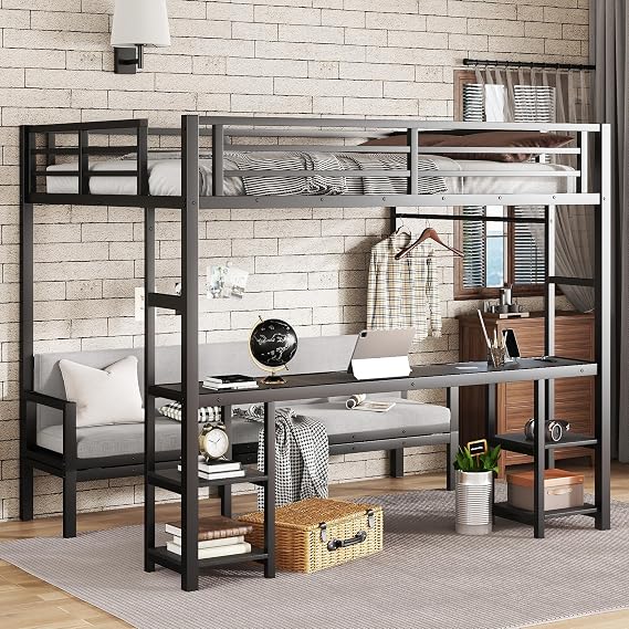 Bellemave Futon bunk Bed Twin XL Over Queen, Queen loft Bed with futon and Desk and Shelves, loft Bed with Des Kand LED and USB, Black