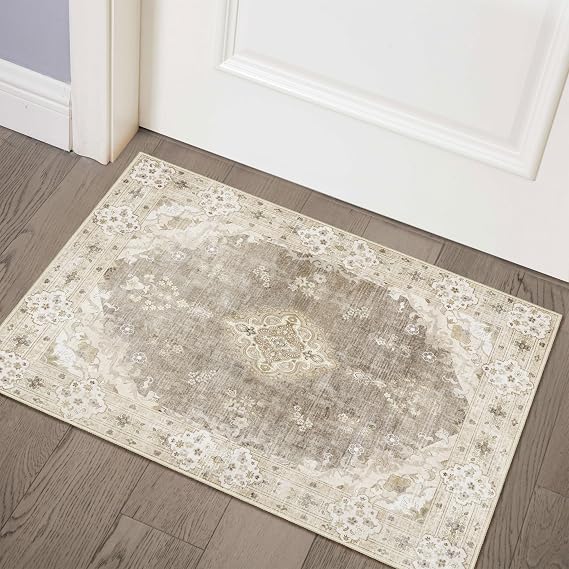 MUJOO Beige Rug 2'x3' Washable Area Rug Small Non Slip Low-Pile Floral