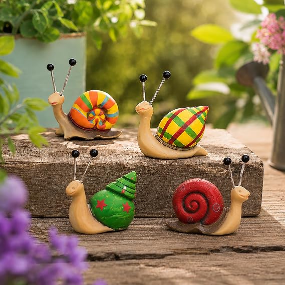 Garden Mile 4pc Snail Hand Painted Garden Ornaments Outdoor Animal Figurine Set Brightly Coloured Waterproof Resin Indoor Outdoor Ornaments For The Garden And Home Snail Animal Decorations