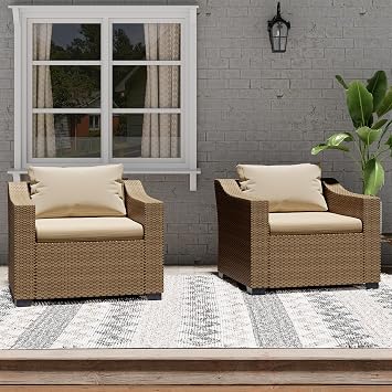 LHBcraft Outdoor Patio Sofa Set of 2, Patio Single Sofa Accent Chairs, Outdoor Wicker Sectional Furniture with Cushion, Rattan Couch for Poolside, Backyard (Yellow-Beige, 2-PCS)