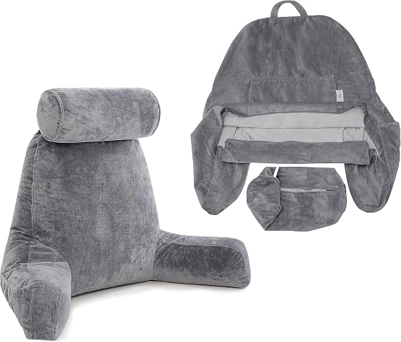 Husband Pillow Combo - XXL Cover Dark Grey & Backrest Pillow with Arms : Dark Grey - Bed Rest Reading Pillowcase & Memory Foam Reading Pillows for Bed w/Removable Neck Roll