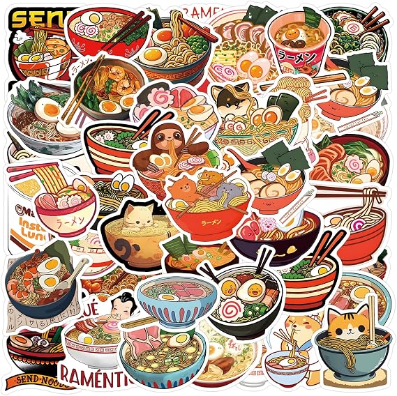 Ramen Stickers for Water Bottle and Laptop 55PCS Yummy Japanese Food Stickers, Foodie Party Favors & Decorations, Waterproof Vinyl Noodle Decals, Cute Ramen Stickers Laptop Decals
