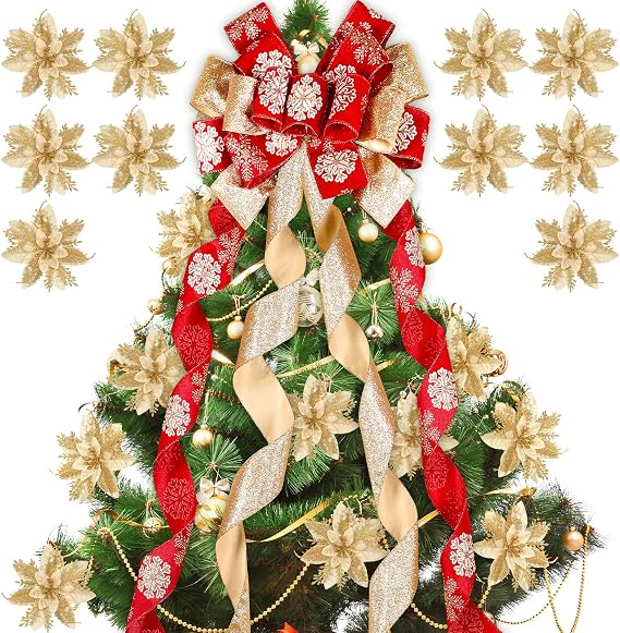 Tigeen Large Christmas Tree Bow Topper with Flowers, Glitter Flakes