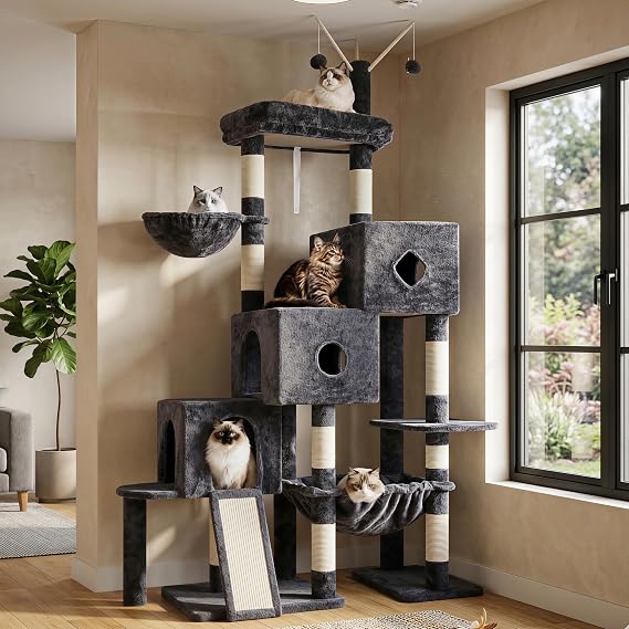 Hey-brother Cat Tree Tower, Scratching Posts with 3 Condos, Large Basket, Cozy Bed, Sisal Board, Step-by-Step Climbing Pathway and Toys, 74.8 inches Furniture for Big Indoor Cats, Smoky Gray MPJ081G