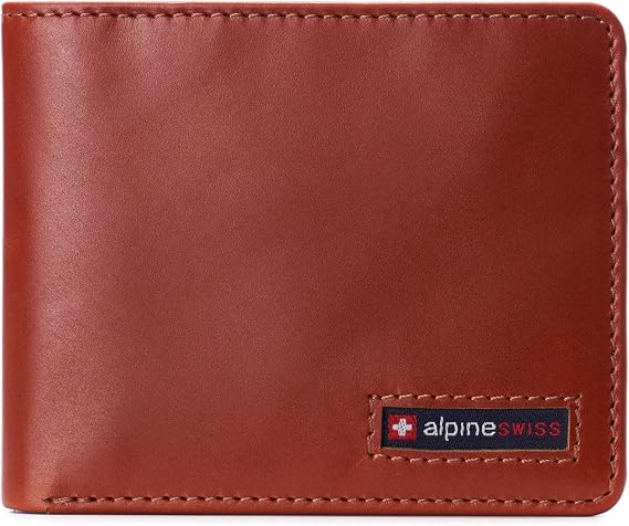 Alpine Swiss Connor Executive Bifold Wallet | Business Passcase for Men | Premium Leather | Dual ID Windows | RFID Blocking | Gift Box Included Glossy Nappa Tan