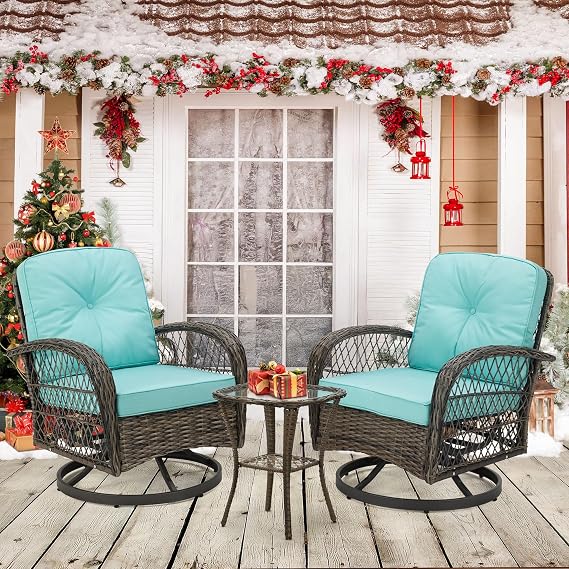 UPHYB 3 Pieces Outdoor Swivel Rocker Patio Chairs, 360 Degree Rocking Patio Conversation Set with Thickened Cushions and Glass Coffee Table for Backyard, Blue