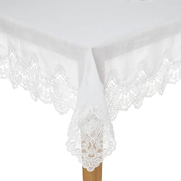Violet Linen Imperial Embroidered Vintage Lace Design 70" X 120" Oblong/Rectangle Tablecloth in White