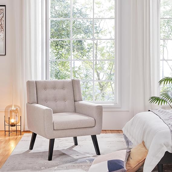 Yaheetech Accent Chair, Living Room Chair, Mid-Century Modern Vibe, Beige | Linen Fabric Reading Chair, Modern Sofa Armchair for Bedroom Office Reading Nook