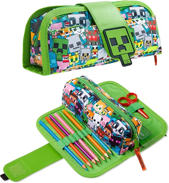 Minecraft Pencil Case for Kids Teens Creeper Stationery Supplies Zipped Pen Case with Compartments and Detachable Pen Pouch for School Travel Homework