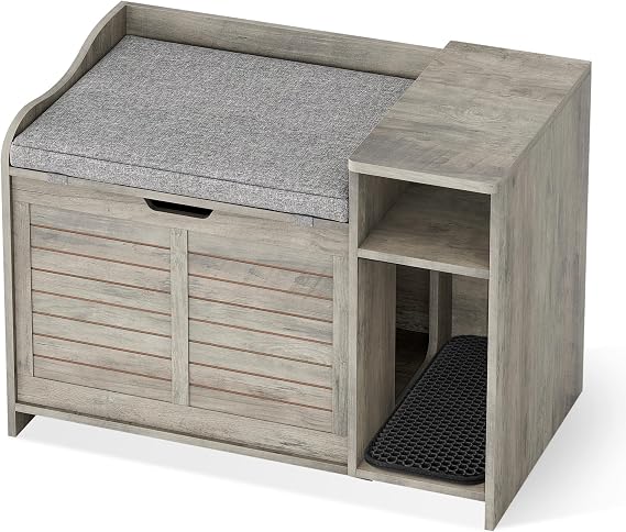 Cat Litter Box Furniture,Litter Box Enclosure with Top Opening with Cushion,Litter Boxes Hidden, Cat House, Privacy Cats Litter Boxes Cabinet with Litter Mat(Grey)