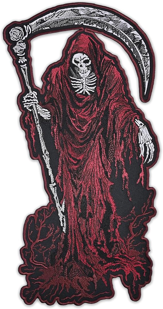 EMBROVERSE Red Grim Reaper Large Back Patch, Embroidered Iron-On Scythe | Death skull gothic, hooded dark soul design; edgy gift for denim jackets, vests, hoodies, backpacks, tote bags