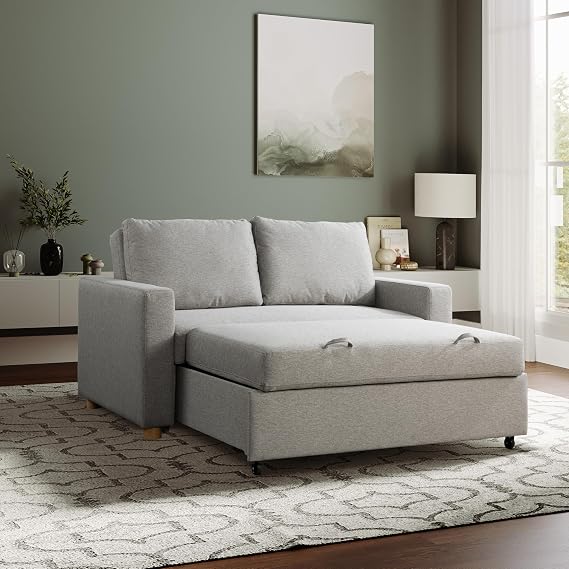 Serta Tulsa 66.1" Convertible Sleeper Loveseat, Full Size, Dreamcoil Comfort, FingerGuard Pinch Point Protection, Woven Fabric, Light Grey