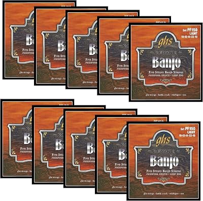 GHS Strings PF150-10 PACK - 5-String Banjo Strings, Phosphor Bronze, Light 10-22, Pack of 10