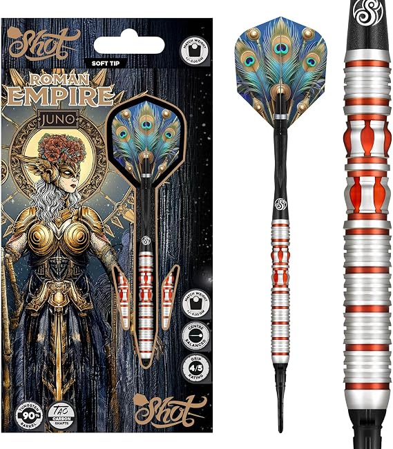 Shot! Darts Soft Tip, Roman Empire Juno Tungsten Barrels Balanced for Maximum Aerodynamics Handcrafted Professional Dart Set and Flights Made in New Zealand, Plastic Tip Bar Darts