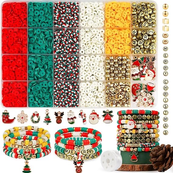 Gionlion Christmas Beads for Bracelets, Clay Beads Bracelat Making kit Golden Beads Christmas Crafts Stocking Stuffers Decorations Charms for Jewelry Making, DIY Crafts Gifts
