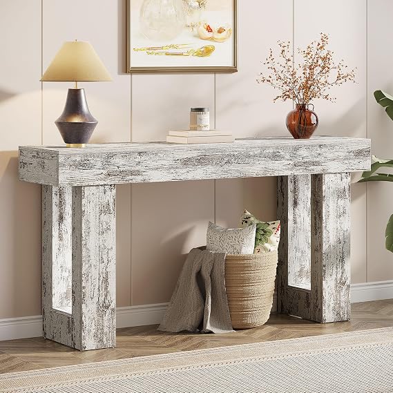 Tribesigns 63-Inch Long Console Table, Wooden Rectangular Sofa Table Behind The Couch, Farmhouse Entryway Table for Entrance, Hallway, Living Room (Distressed White)