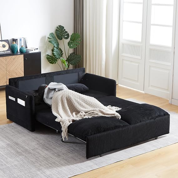 65" Queen Pull Out Sofa Couch Bed, 3 in 1 Convertible Sleeper Sofa, Corduroy Loveseat Sofa Bed with Side Pocket, Cloud Couch for Living Room, Apartment, Small Space (Black)