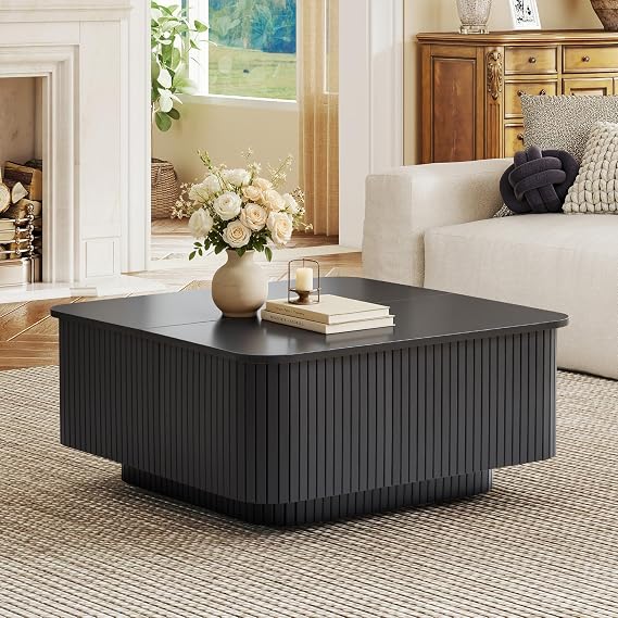 31.5" Square Coffee Table with Storage, Fluted & Floating Base (Black)