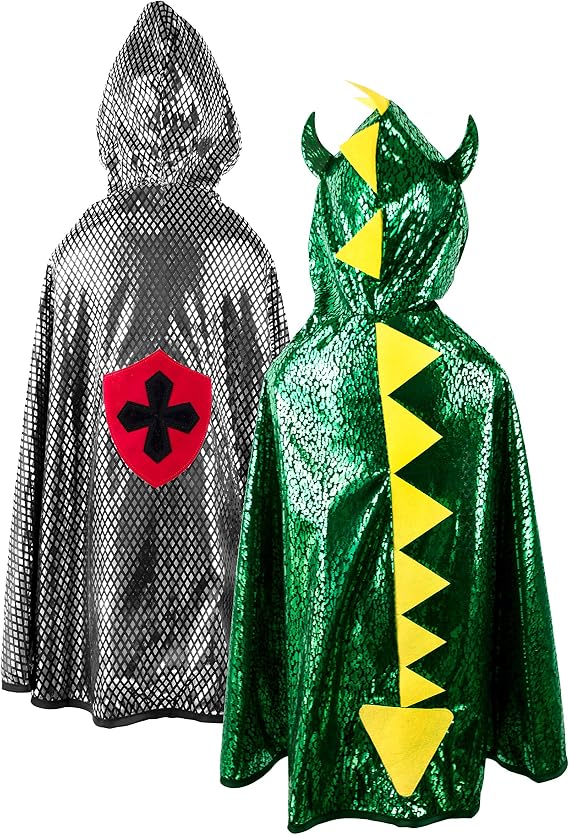 Great Pretenders Reversible Dragon/Knight Cape for Kids, Size 5-6 | 2-in-1 Costume for Imaginative Play