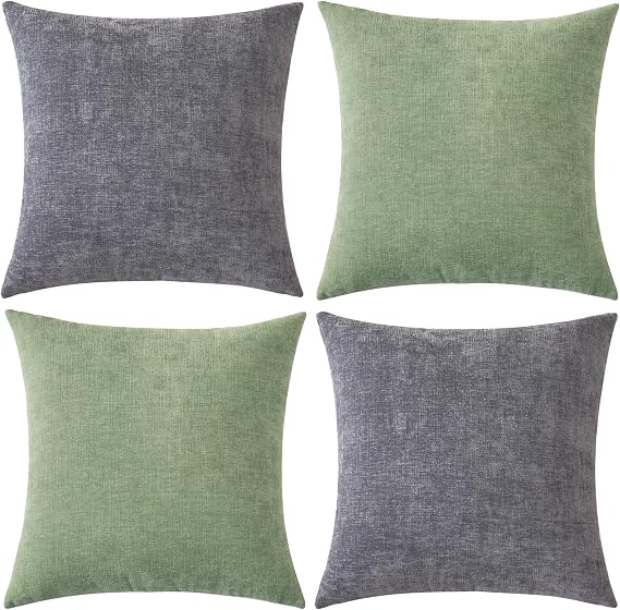 GAWAMAY Pack of 2 Couch Throw Pillow Covers 18x18 Inch Soft Square Chenille Pillow Cover for Sofa Living Room Bedroom Car Solid Dyed Pillow Cases (Only Pillowcases) 45x45cm,Green, Grey