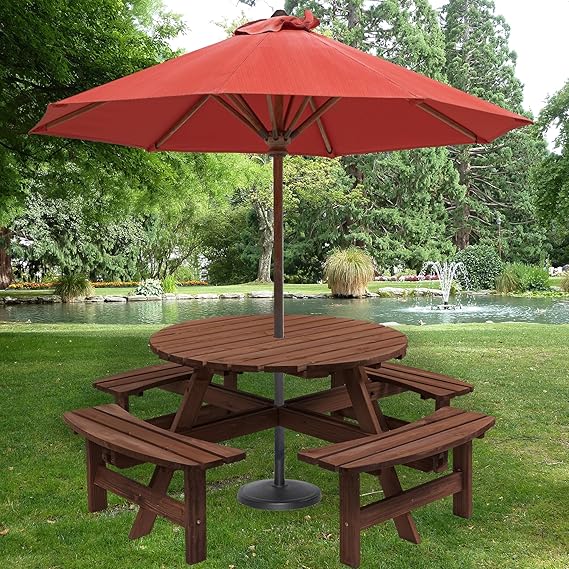 8 Person Wood Picnic Tables for Outdoors, Round Picnic Table with Umbrella Hole,4 Built-in Benches, Wooden Patio Table and Bench Set for Garden,Patio, Backyard,2220LBS Total Capacity,Walnut Brown
