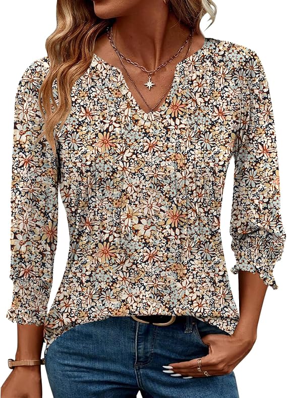AKEWEI Blouses for Women Dressy Casual 3/4 Length Sleeve Spring Tops for Women V Neck Pleated T Shirts