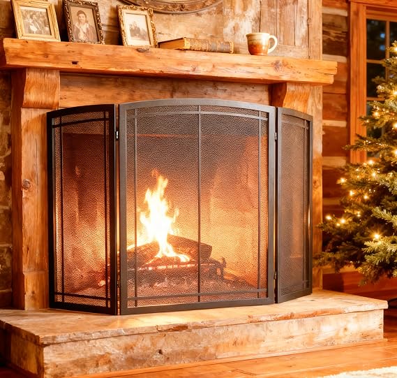 FireBeauty 3Panel Wrought Iron Fireplace Screen 48x30 Inch Black Guard
