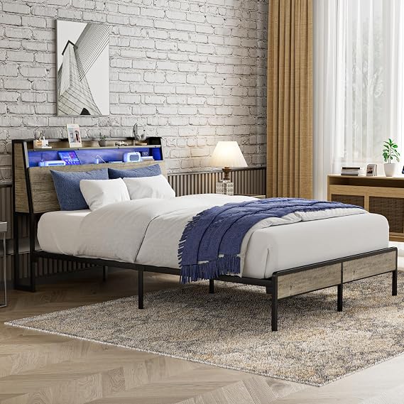Queen Bed Frame with Ergonomic Headboard, Platform Metal Bed Frame with RGB Lights and Outlets & Charger, Storage Space Under Bed, Noise Free, No Box Springs Needed