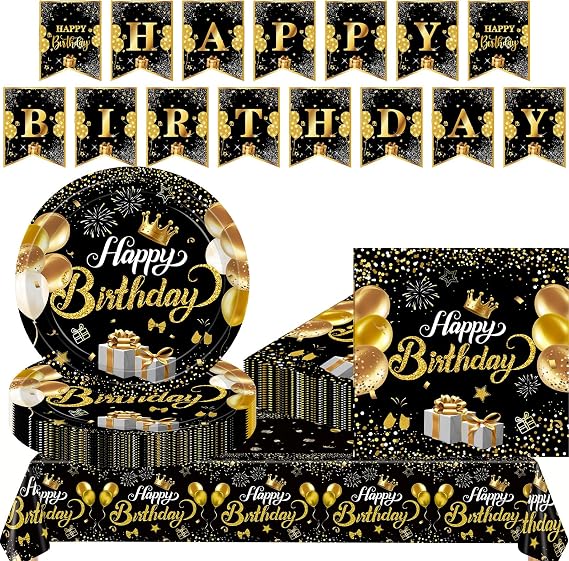 52Pcs Birthday Tableware Set for Adults,Black Gold Paper Dinnerware Set for Birthday Party with Plates, Napkins, Tablecloth, Banner, Party Supplies Table Decors for Him, Her, Men, Women -16 Guests