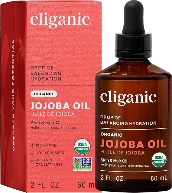 Certified Organic Jojoba Oil 60ml | 100% Pure Natural Cold Pressed Unrefined, Hexane Free Carrier Oil | for Hair Face & Nails | Cliganic