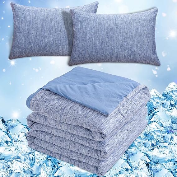 CHOSHOME 1 Pack Blue Cooling Comforter 90" X 108" and 2 Pack Cooling Pillow Cases 20" X 30", Bundle