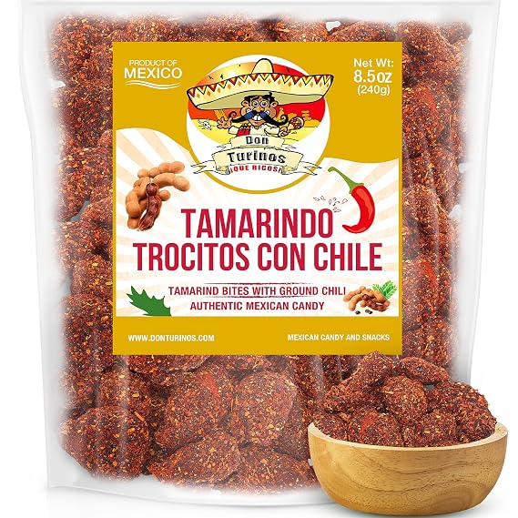 Tamarind Candy with Chili 8.5oz Dulce de Tamarindo Mexican Sweet Spicy | Authentic chewy tamarindo pulp candy. Sweet, tangy & spicy heat. Contains seed. Traditional dulces enchilados. Resealable.