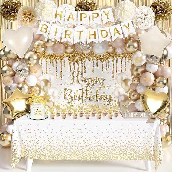 White and Gold Birthday Party Decorations Set, 118 Pcs with Balloon Arch | Includes Happy Birthday Banner, Backdrop, Golden Tablecloth, Birthday Queen Sash, Fringe Curtains & Cake Topper