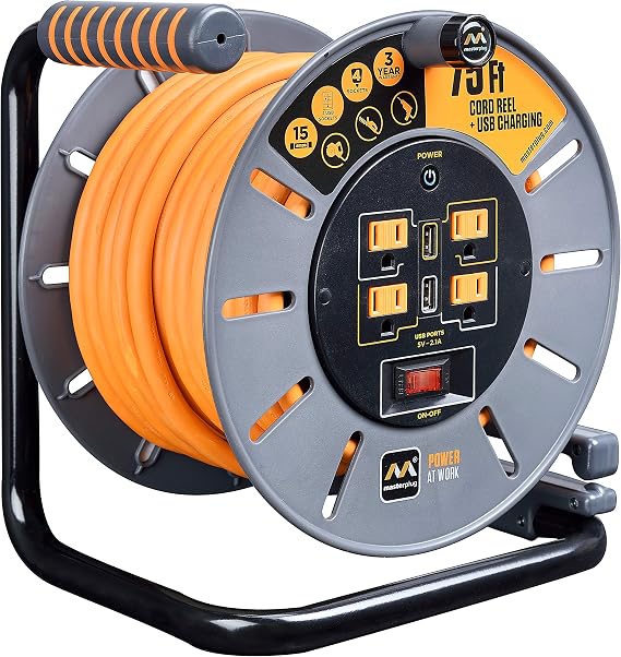 Masterplug 75ft Cord Reel, Retractable Extension Lead with Winding Handle, Safety Overload Circuit Breaker and Power Switch, 4x Grounded Outlets, 2x USB Ports, 15amps, 12AWG Cable