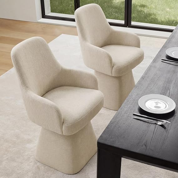 KISLOT Swivel Dining Chairs Set of 2, Mid Century Modern Chairs Fabric Upholstered Armchair with Armrest & Ergonomic Backrest for Dining Room, Kitchen, Bedroom, Living Room, Sand, 2 Boxs