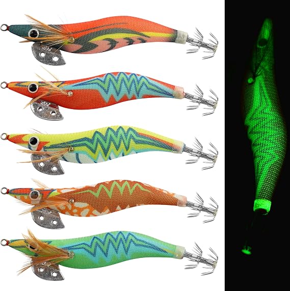 Squid Jig Saltwater Glow Squid Lures, 5/10pcs Luminous Shrimp Prawn Lures Atrificial 3D Fluorescent Squid Jigs Cuttlefish Sleeve Octopus Jig Tackle Size 2.5 3